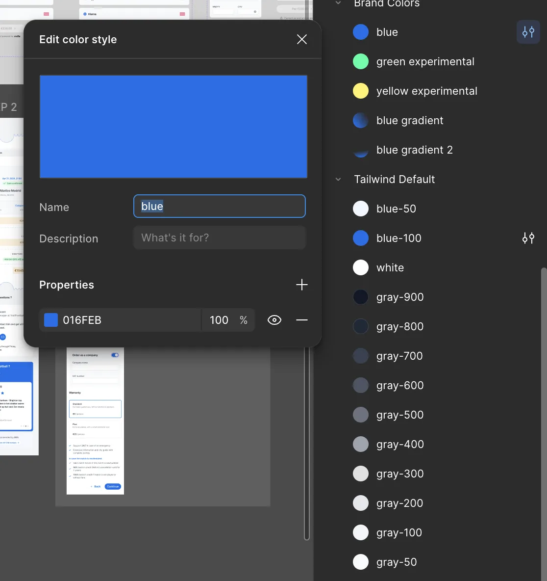 VisitFootball brand colours and Tailwind-aligned colour classes in Figma